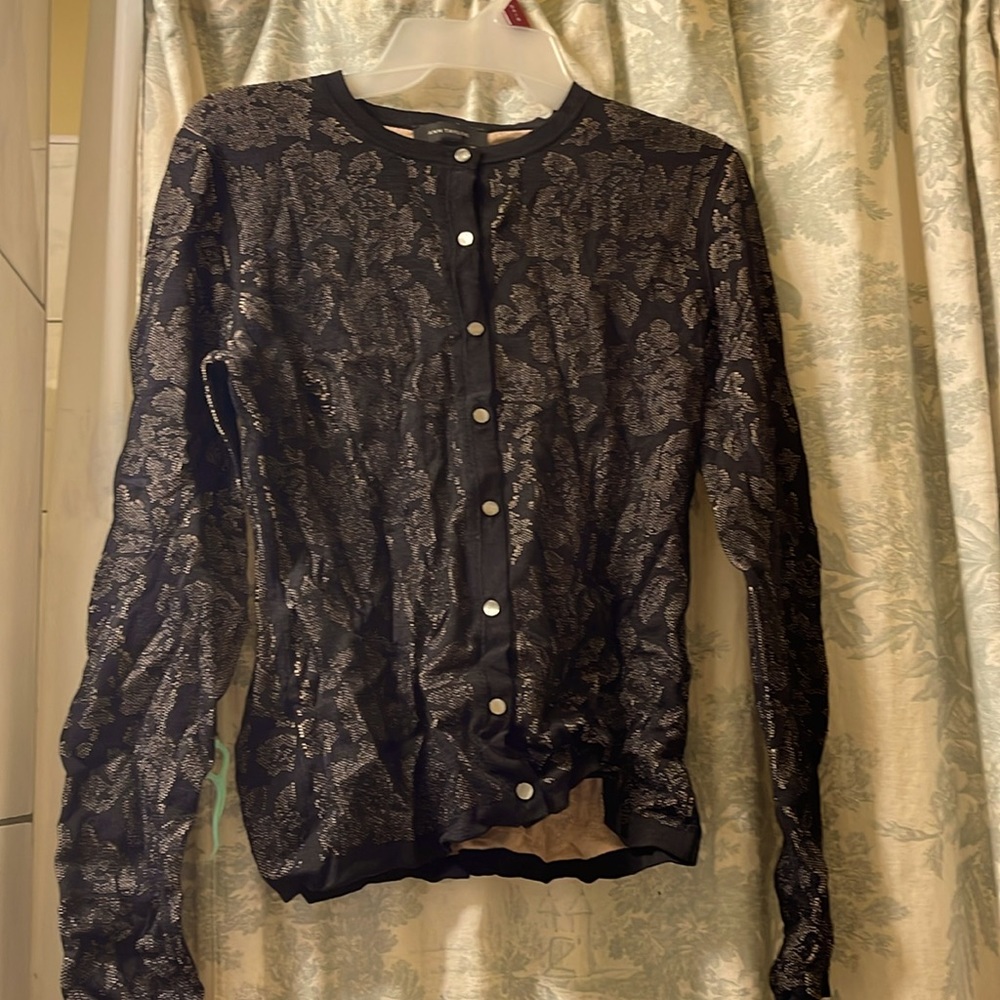ANN TAYLOR cardigan with pearls. Black w/a gold flower motif Size M Gently worn